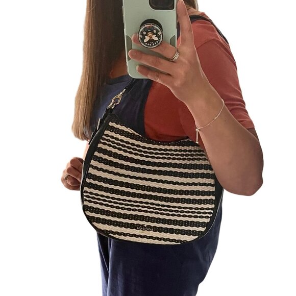 Kate Spade New York Cobble Hill Straw Mylie Shoulder Bag Black Cement Leather - Picture 3 of 11